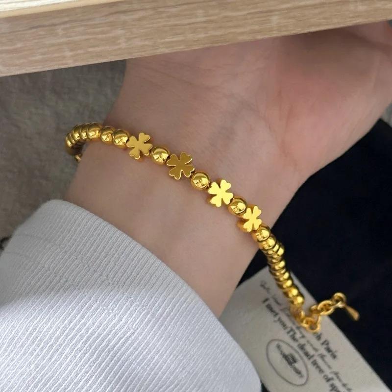 Pure Gold Light Luxury Design Sense European and American Style Four-leaf Clover Light Bead Bracelet for Women
