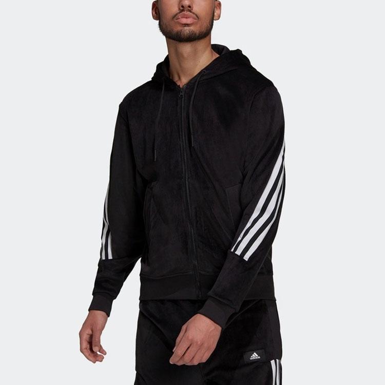 adidas Куртка мужская с капюшоном и тремя полосками, черная, с завязками на талии H47896