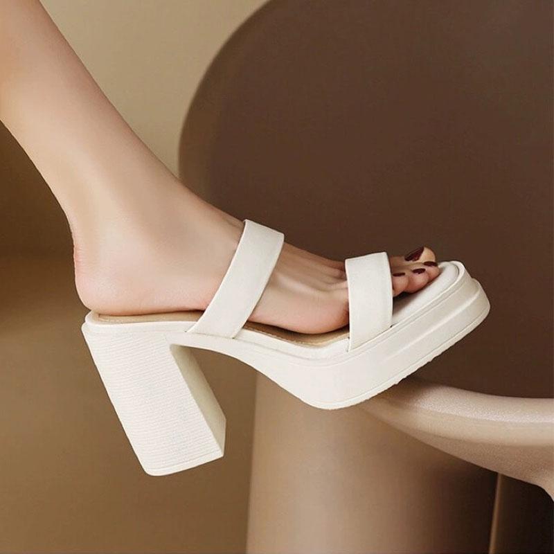 Summer Women Heels Concise Leather Thin Straps Slippers Block Heel Platform Sandals Elegant 8cm High Heels Fashion Party Shoes