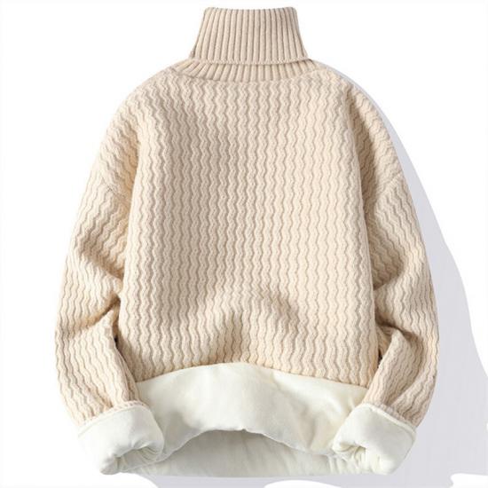 Winter Solid Color Fleece Lined Warm Turtleneck Knit Pullover Sweater Men Casual Knitwear