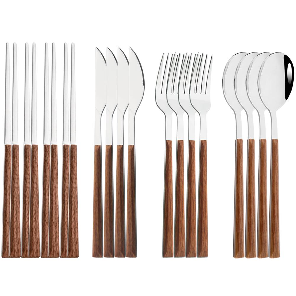 16Pcs Brown Gold Dinnerware Set Imitation Wooden Handle Cutlery Set Chopsticks Knife Fork Spoon Tableware Set Korean Flatware