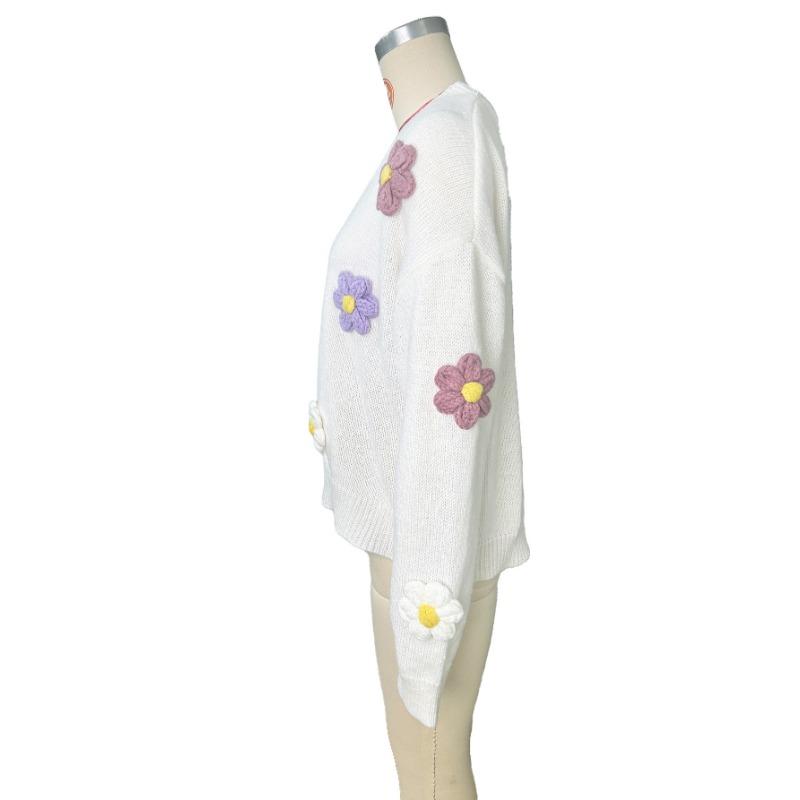 Женский осенне-зимний милый вязаный кардиган с длинным рукавом на пуговицах, свободный теплый свитер с цветочным принтом, открытое пальто спереди