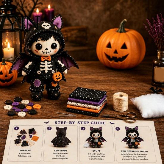 Creative Sewing Hobby Kit Skeleton Witch Patchwork Kit, Gothic Girl Doll DIY Stress Relief Craft Halloween for Adults Teens Handmade Gift Needlework