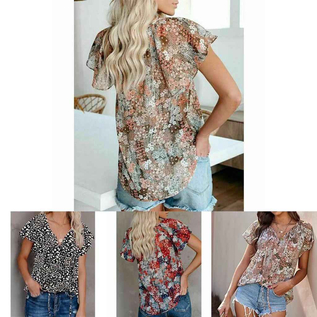 Elegant Womens Summer V Neck Short Sleeve T Shirt Featuring Vibrant Floral Print Design