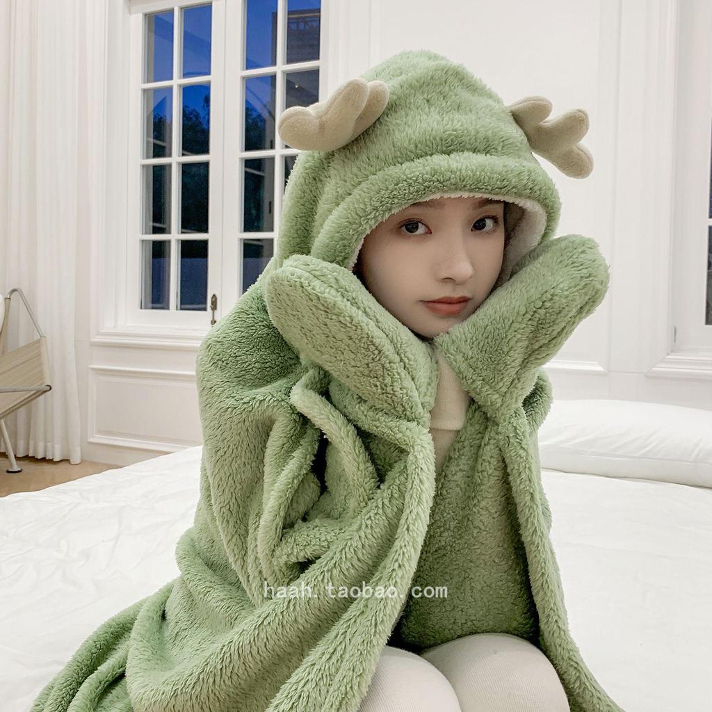 Уютная шаль с кроличьими ушками для осени и зимы - Толстое, милое одеяло для офиса, студентов или для сна