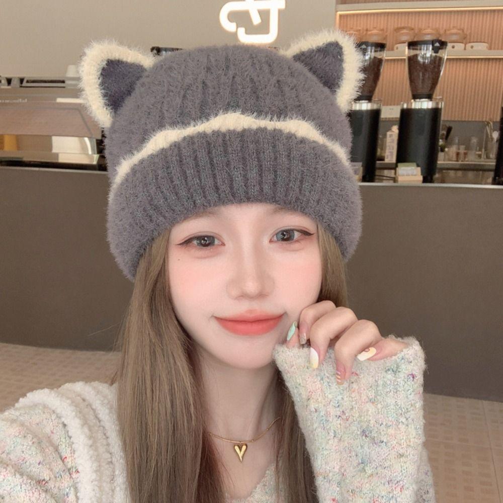 Solid Color Knitted Woolen Hat Keep Warm Cat Ear Skullies Soft Cat Ear Beanie  Girl
