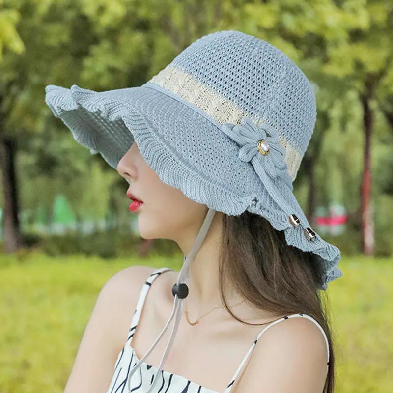 WTEMPO Women Spring Summer Wide Brim Flower Solid Color Sun Hats Outdoor Breathable Foldable Beach Sunscreen Hats