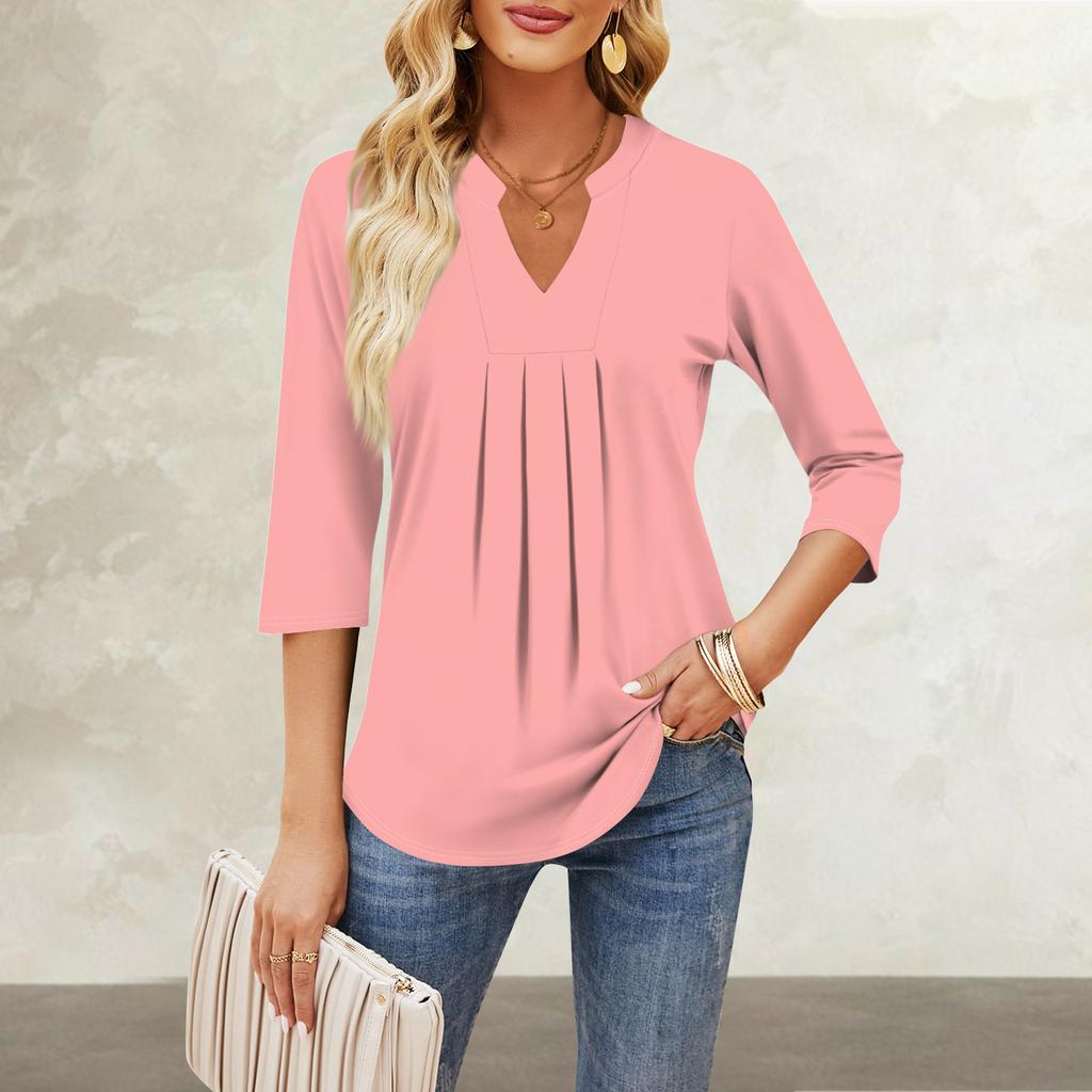 Women's Seven-quarter Sleeve Tops Casual V-neck Chest Ruffles Solid Color Loose T-shirt Tops