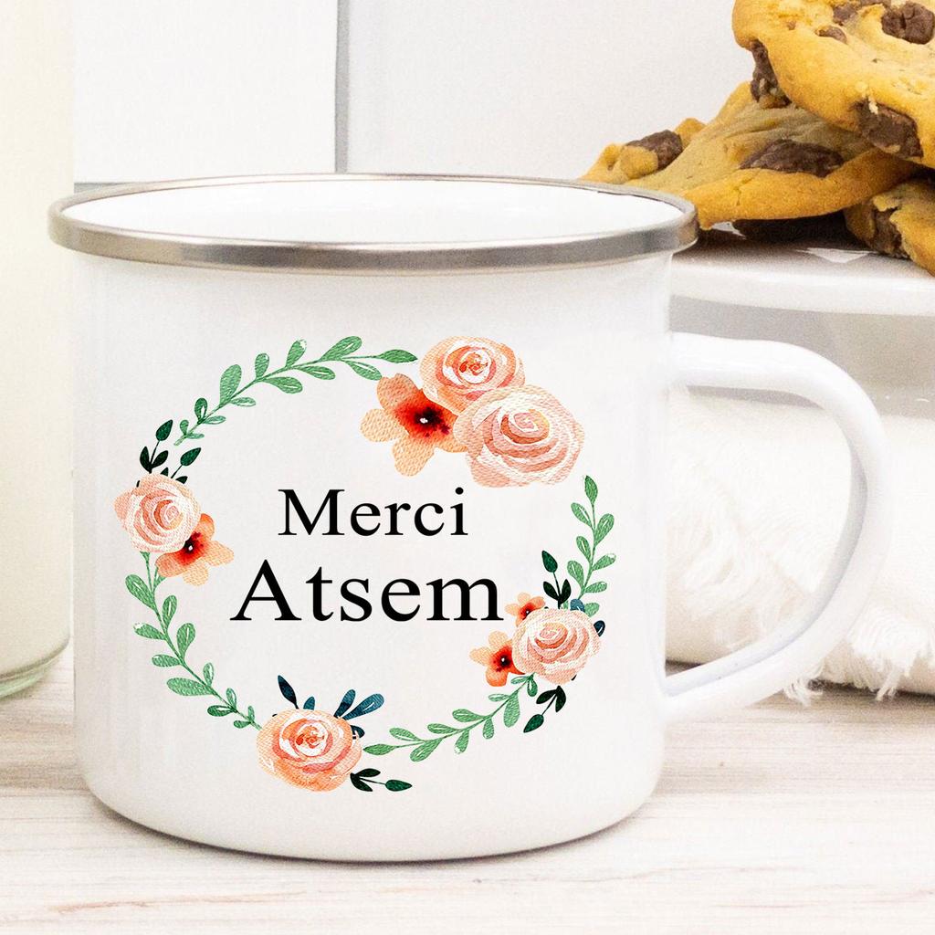 Французский Спасибо Atsem Принт Эмалированные Кружки Креативная Кофейная Кружка Напиток Сок Молоко Чашки Школа Дом Ручка Посуда Подарки Учителю