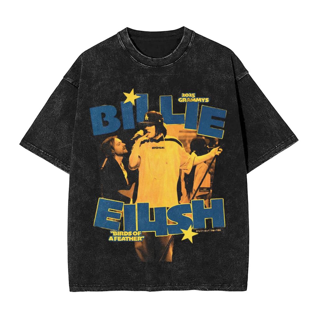 Singer BBillieGirl Eeilish Music Vintage Washed T Shirt Unisex Cotton Clothes Printed Round Neck Short Sleeve