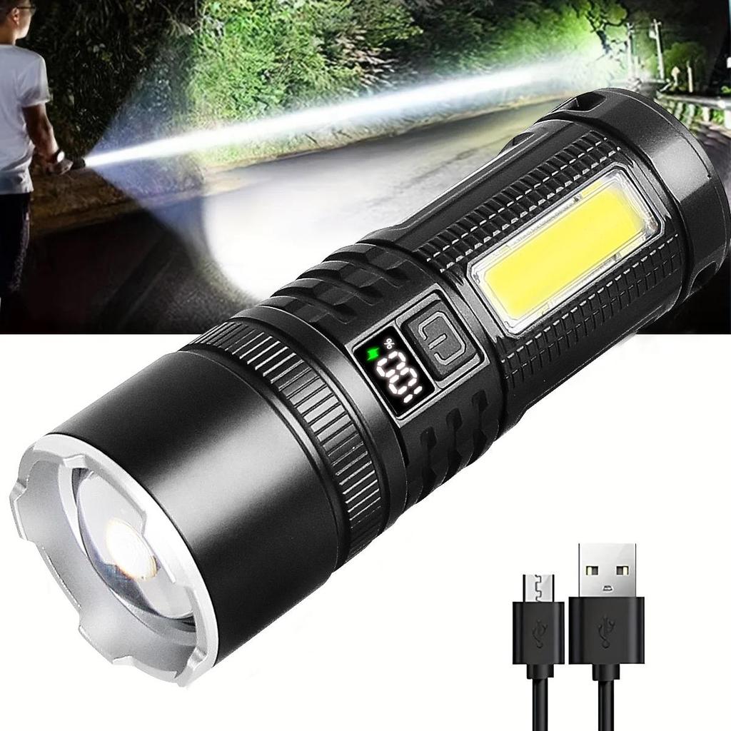 Светодиодный фонарик высокой мощности, перезаряжаемый, зум, сильный, водонепроницаемый, уличный фонарь из алюминиевого сплава, боковые огни COB, 4 режима