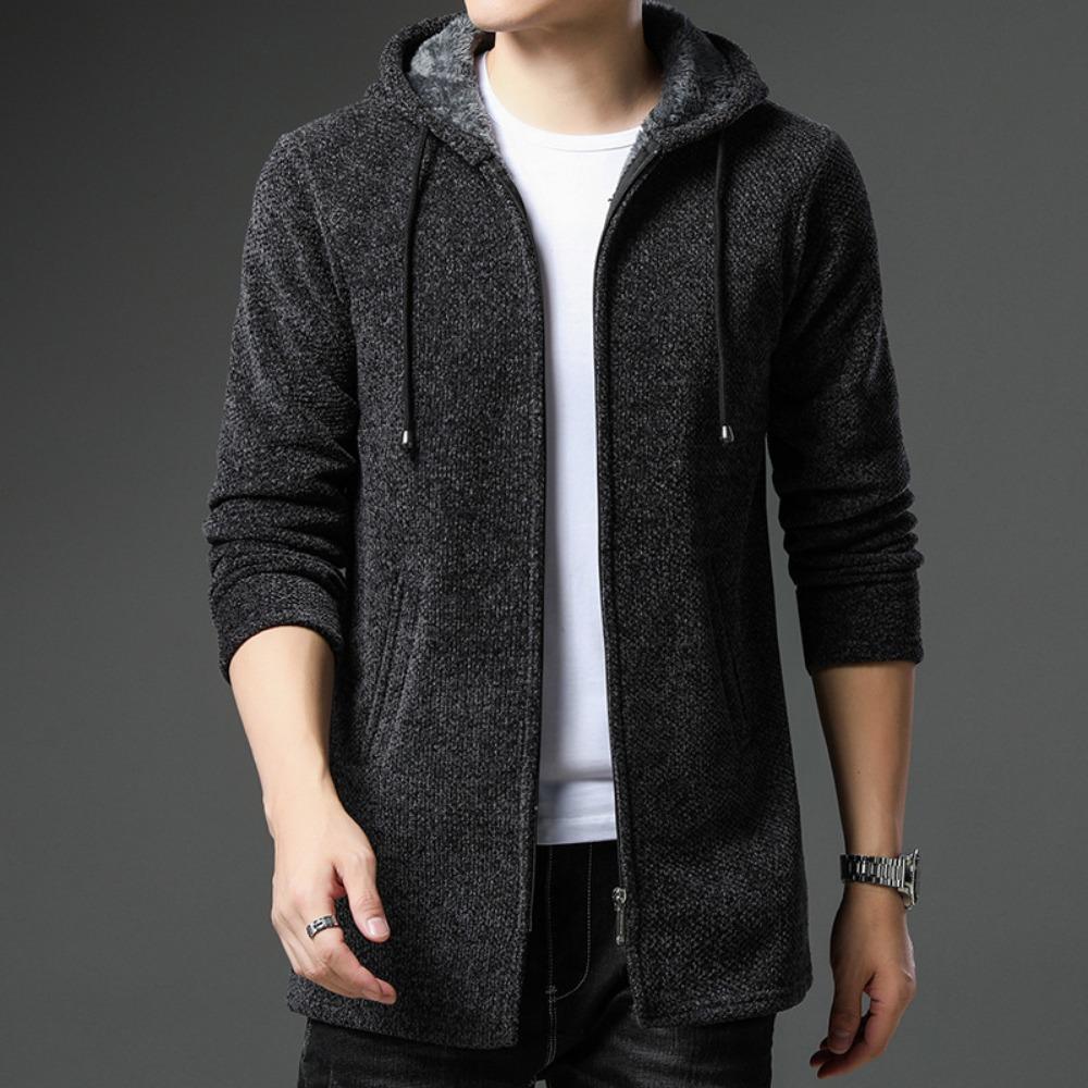 Knitted Sweater Men Spring Autumn Casual Fleece Cardigan Men Sweaters Winter Coats Hooded Jacket Solid Color
