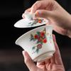 Light Luxury Imitation Hand-painted Suet Jade Porcelain Sancai Cover Bowl Kung Fu Tea Set Single Tea Cup Tea Bowl Pure Handmade Boutique