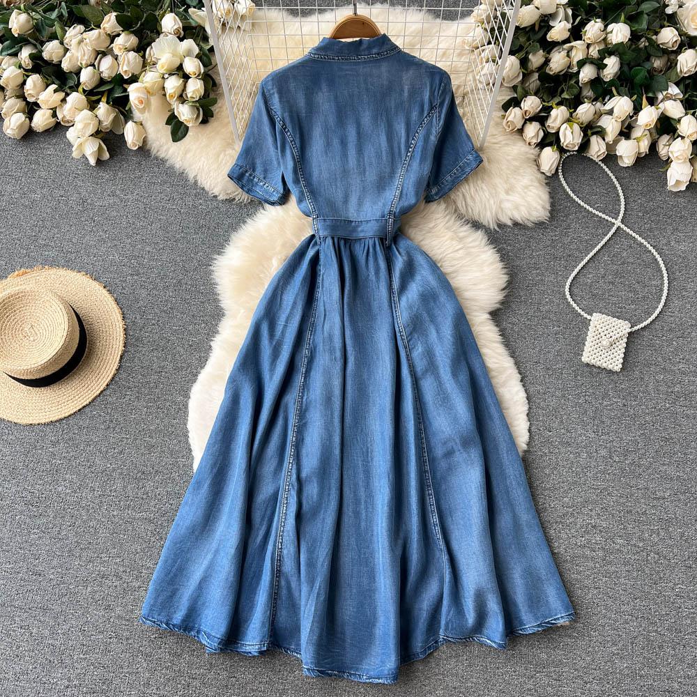 RUGOD Весна и лето Новое вышитое джинсовое платье женское средней длины с большими отворотами-лацканами и плиссировкой на талии длинное платье