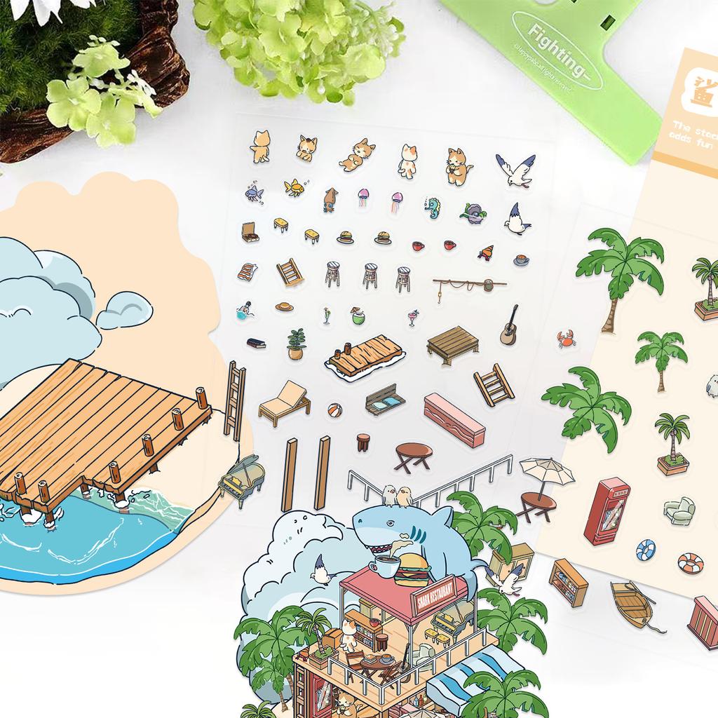 Мультяшный Большой Ландшафтный Мультяшный Акула Сцена Ресторана Наклейка 3D Миниатюрный Мир Декомпрессия Сделай Сам Сцена