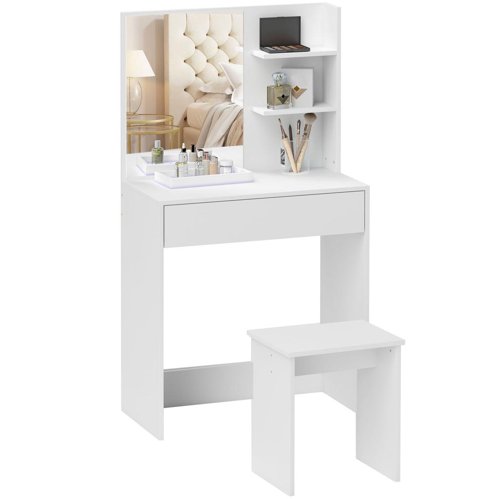 Dressing Table with 3 Shelves and Drawers, Mirror and Stool, in Particleboard, 75x40x137 cm, White