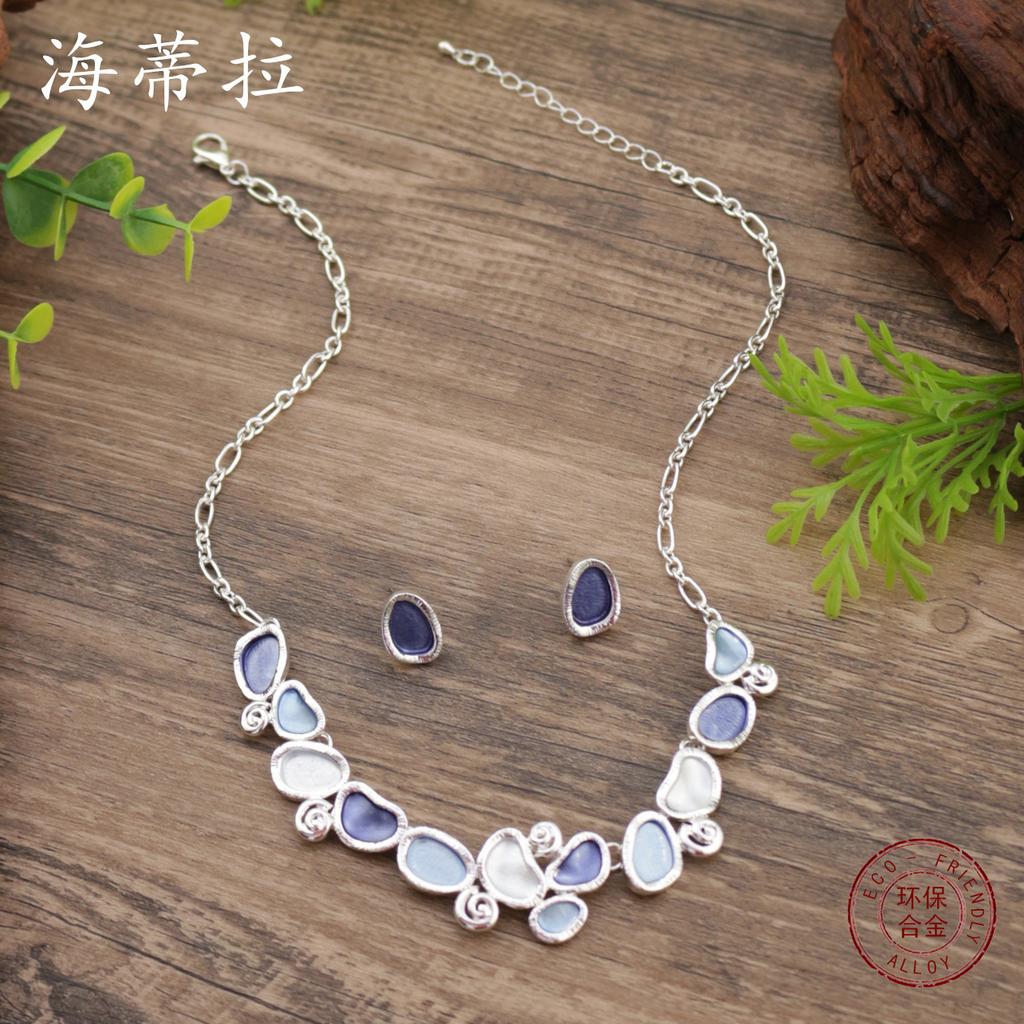 Новый набор овальных серег-гвоздиков и ожерелья с эмалью, женские простые и универсальные геометрические овальные серьги-гвоздики и ожерелье