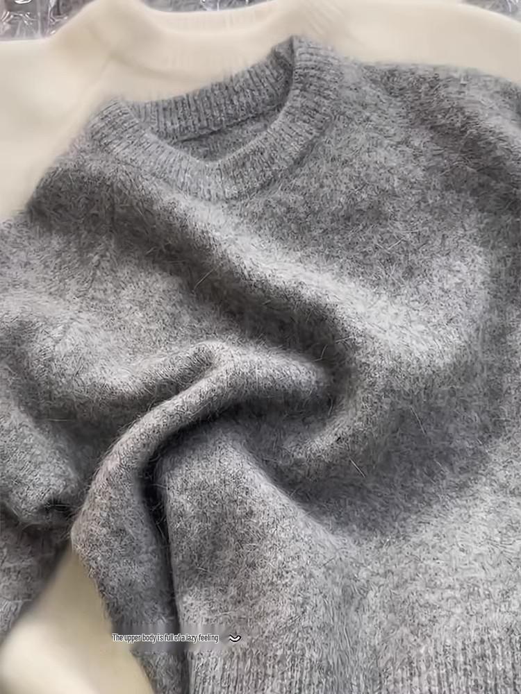 Korean Style Soft & Fluffy Women's Pullover Sweater - Autumn/Winter Knitwear, Loose Fit, Milk-Toned, Round Neck, Thickened Inner Layer
