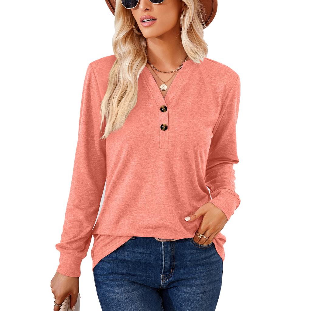 Spring Autumn Solid Color Top for Women V-neck Button Loose Long Sleeve T-shirt