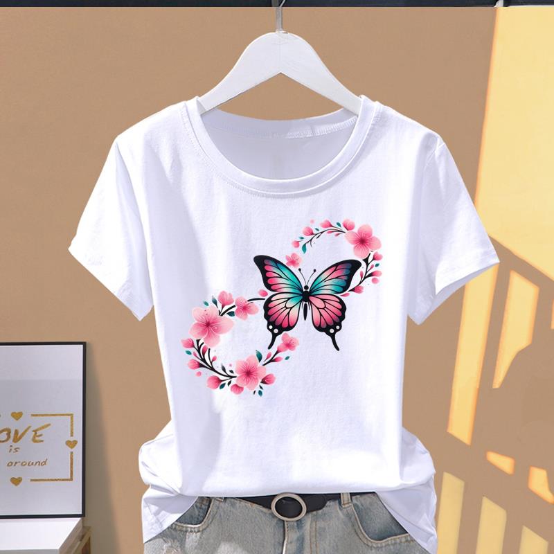 (Asian Size) Women's Top 90s Trend Butterfly Cute Short Sleeve T-shirts Fashion T Clothing Print Female Casual Graphic Tee
