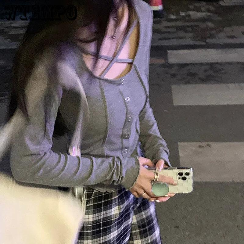 WTEMPO Y2K рубашки с длинным рукавом женские Harajuku корейские тонкие рыжие серые топы женские однотонные повседневные футболки с длинными рукавами уличная одежда