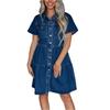 Женское модное повседневное джинсовое платье с коротким рукавом и воротником, однотонное