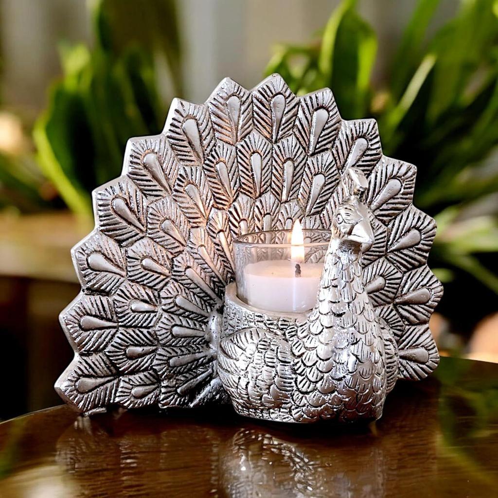 Metal Dancing Peacock Candle Holder Vastu Figurine for Good Luck and Love | Candle Holder for Home Dcor Tabletop Living Room Office | Showpiece
