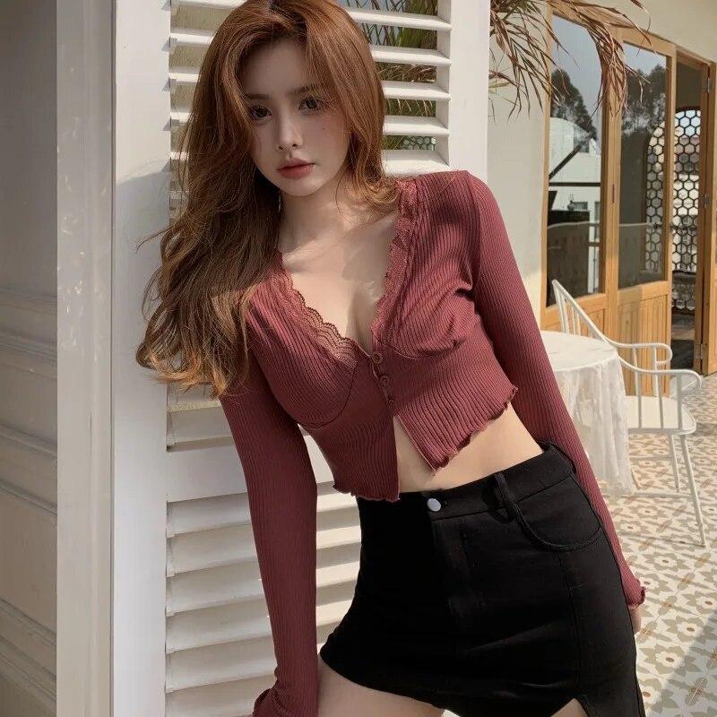 Укороченный топ, повседневная футболка, однотонная кружевная лоскутная куртка на пуговицах с длинным рукавом, приталенная куртка-кардиган для женщин