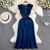 French Long Dress Flying Sleeves Round Neck Slim A-Line Denim Dress Women Vintage Single Breasted Jeans Robe Z1780