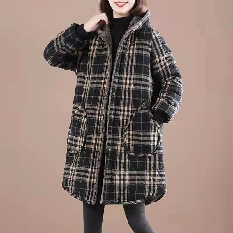 Хлопковая куртка, женская осенне-зимняя длинная утолщенная клетчатая куртка с капюшоном, теплая хлопковая куртка большого размера