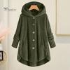 Fall Winter Women Jacket Fleece Lined Single-breasted Irregular Hem Sleepwear Hooded Loose Mid Length Long Sleeves Pajama Hoodie Daily Outdoor Coat