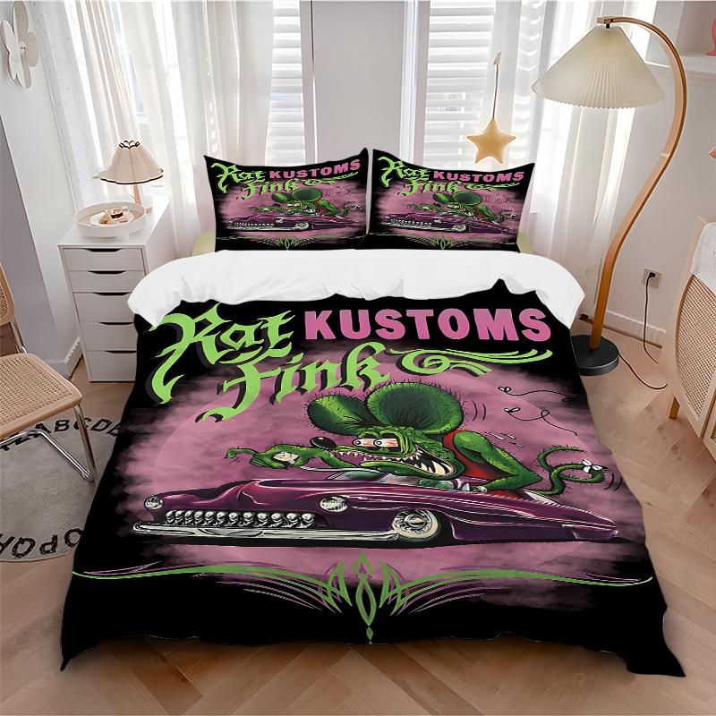 3Pcs Rat Fink Kustoms Artwork Bedding Set Soft Fabric Duvet Cover Pillowcases Christmas Xmas Halloween Gift 1 Duvet Cover 2 Pillowcase L1335