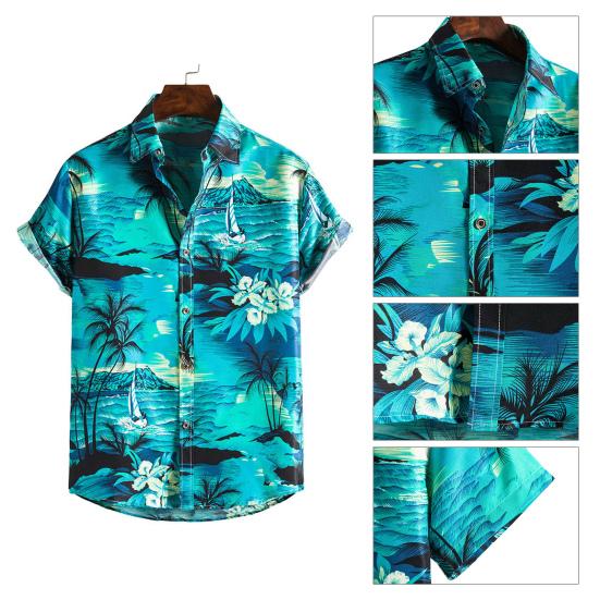 Turn-down Collar Short Sleeve Men Shirt Buttons Down Summer Coconut Tree Print Hawaiian Shirt for Travel