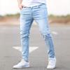 Summer New Men'S Slim-Fit Ripped Jeans Elastic Trousers Men'S Pants Light Blue