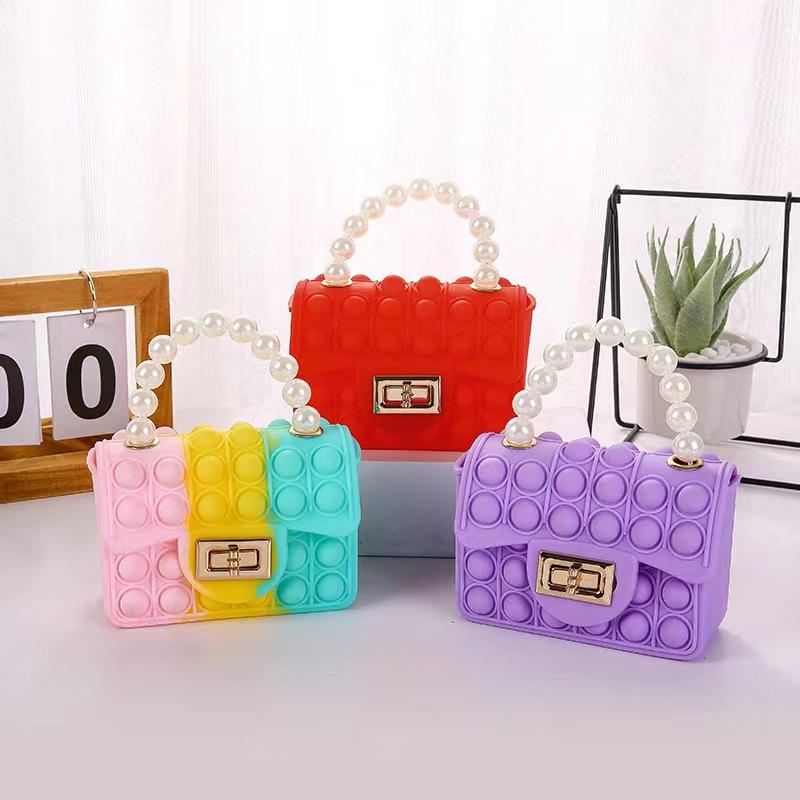 Silicone Love Bubble Jelly Bag, Popper Pressure Relieving Purse, Pop It Handbag With Faux Pearl Handle, Cute Chain Crossbody Bag