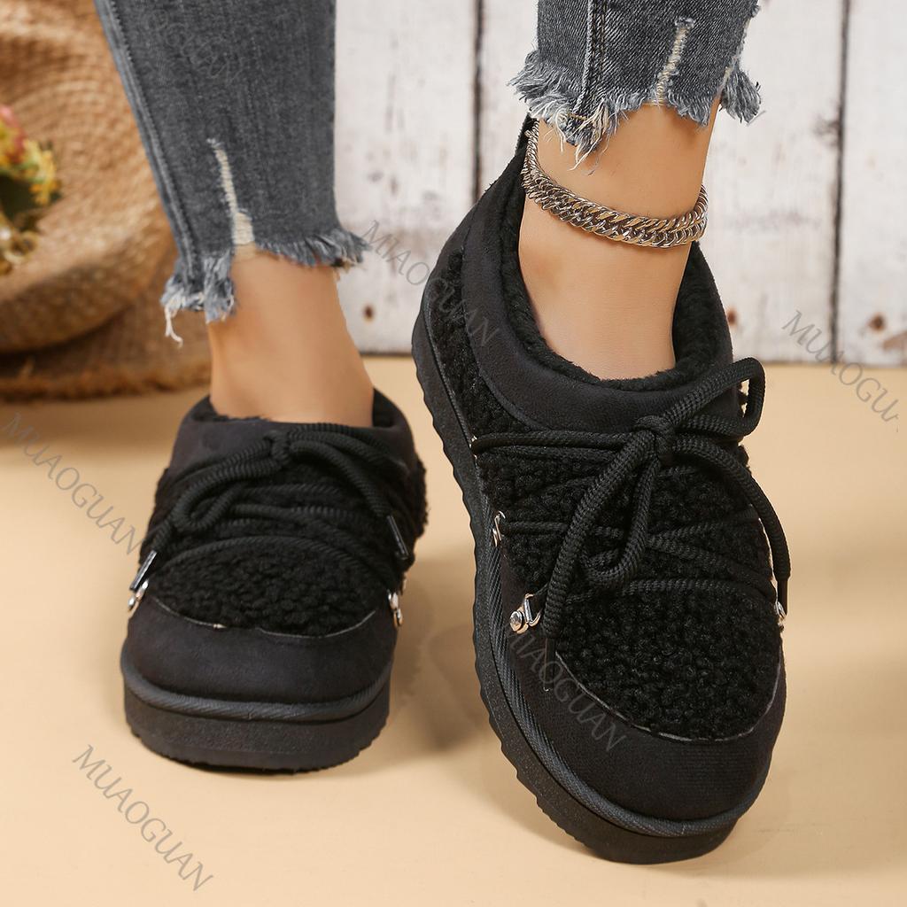 Мода 2025 Зима Новые Толстая подошва Утепленные Утолщенные Снежные ботинки Бархатные Теплые Женские Хлопковые Туфли Повседневные На плоской подошве На шнуровке Платформа Короткие Боты