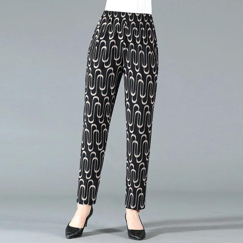 WTEMPO Ретро элегантный принтованный эластичный с высокой талией тонкий свободный укороченный брюки для мам женские весенне-летние брюки из ледяного шелка с широкими штанинами