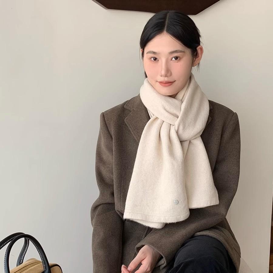 Korean Style Funi Blue Wool Blended Knitted Scarf for Women Winter Warm and Windproof Fashion Versatile Solid Color Scarf