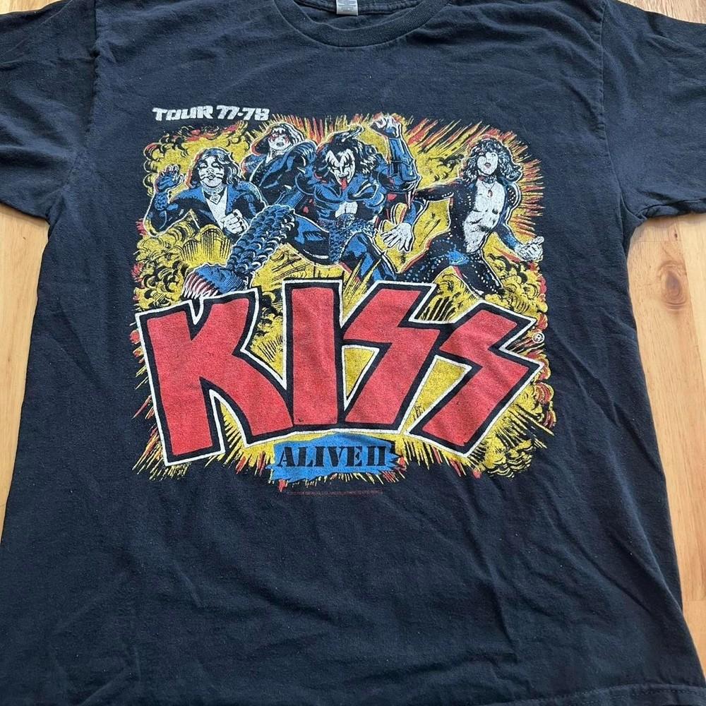 Винтажная футболка с коротким рукавом черного цвета с логотипом тура Kiss 77-78 KV37932 Унисекс