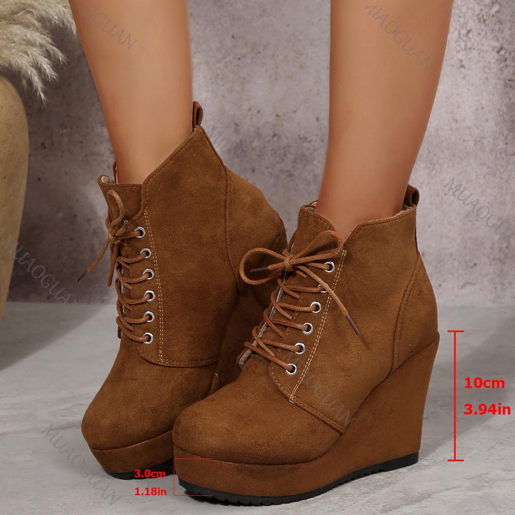 Wedges High Heels Ankle Boots for Women Retro Suede Lace Up Women's Autumn Shoes Casual Solid Platform Fashion Gladiator Botas