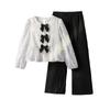 Girls' Autumn New French Elegant High-end Lace Jacquard Bow Long Sleeve Top and Pants Set
