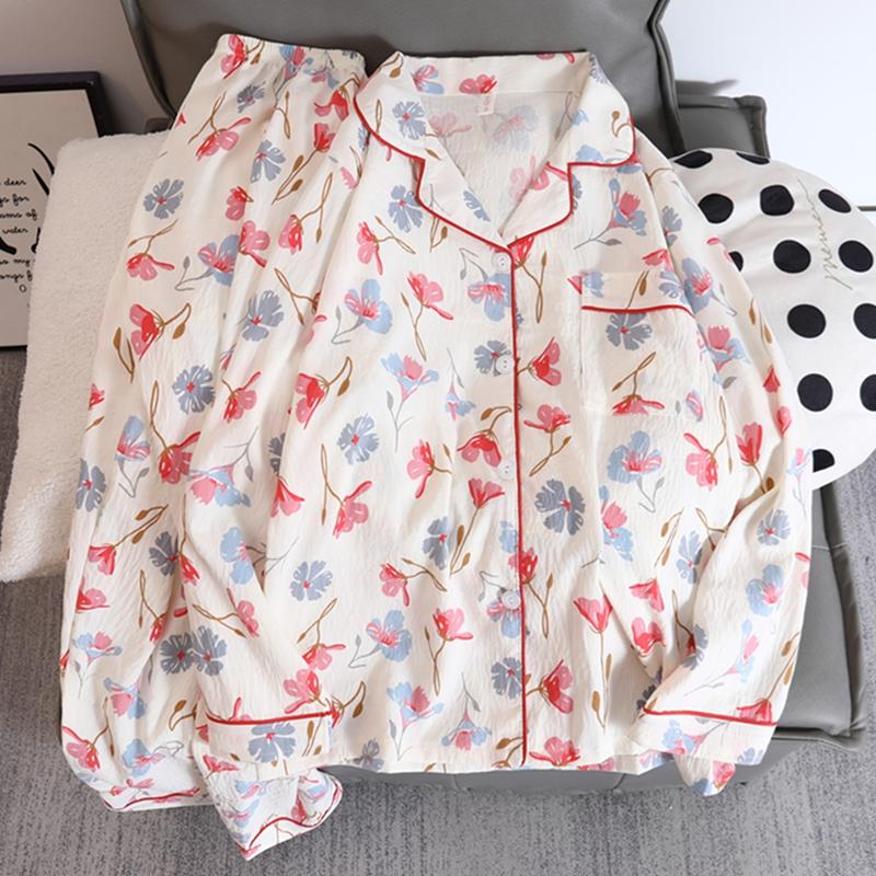 Homewear Flower Print V-neck Women's Pajamas Set Aesthetic Art Soft Two-piece Pajamas Set Sweet Casual Autumn  Sleepwear