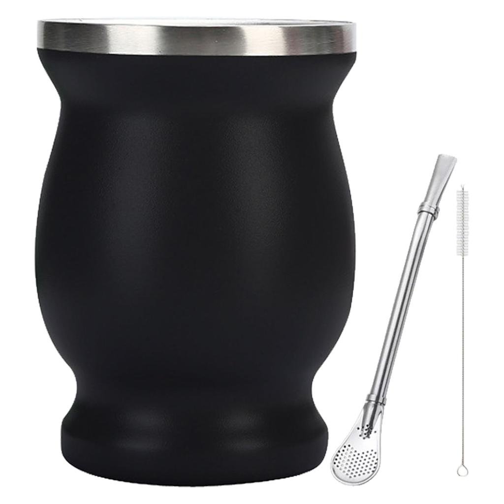 8oz 304 Stainless Steel Gourd Cup Double Layers Vacuum Insulation Cup with Straw Brush Black