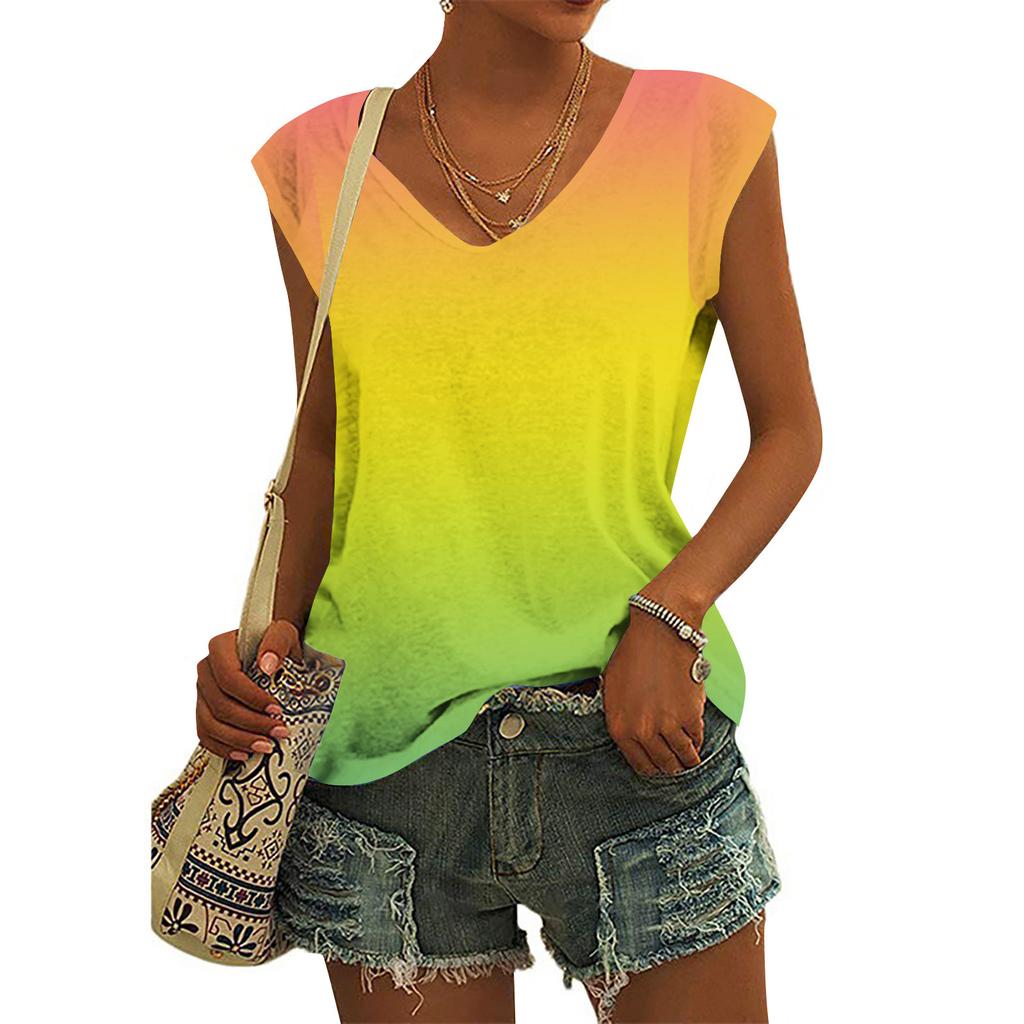 Женские модные повседневные топы с принтом, рубашки без рукавов, пуловеры с V-образным вырезом, футболки