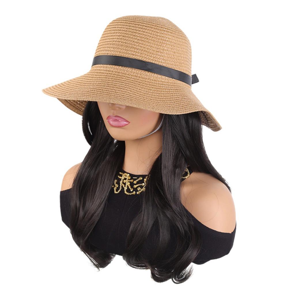 Wide Brim Fisherman Hat with Built-in Wig Sun Protection Long Wavy Curly Hair Vacation Accessory