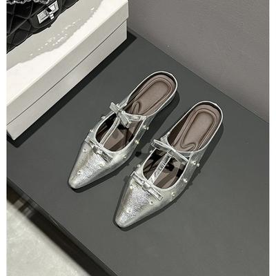 Летние остроносые туфли с бантом из страз, женские, летняя носка, модные на плоской подошве, нежные полушлепанцы для женщин