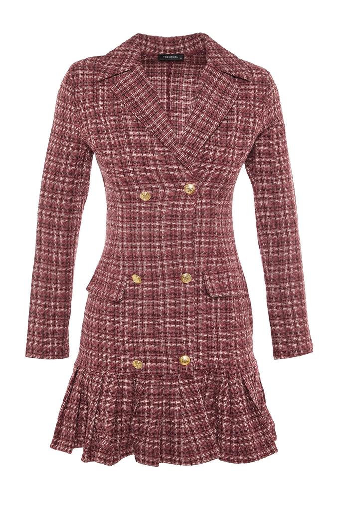 Women's Dress New Season Fashion Black Skirt Flounced Button Detailed Tweed Woven Dress