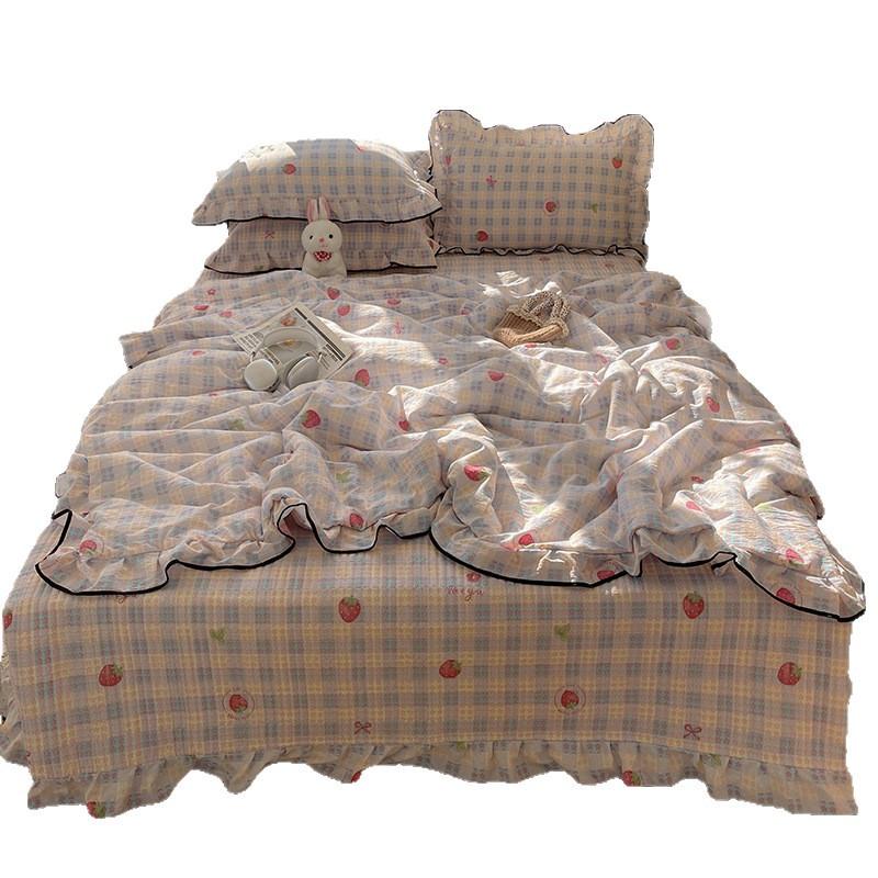 French Class A Lace Plaid Strawberry Washed Cotton Summer Quilt, Bed Cover Air Conditioning Quilt Single Double Summer Quilt 3