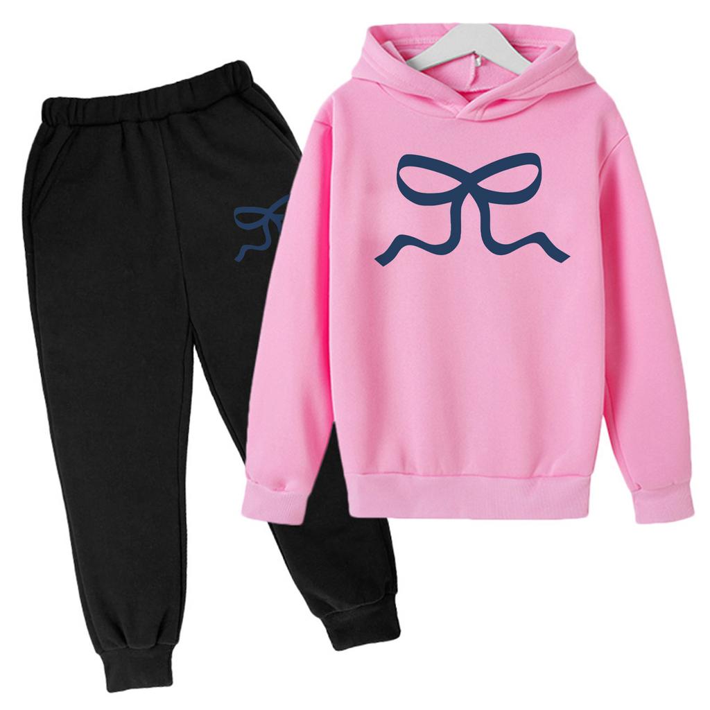Детский плюшевый длинный рукав, длинные брюки, свободный свитер, бант с принтом, комплект с капюшоном