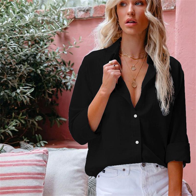 Хлопковые льняные рубашки с отложным воротником и длинными рукавами на пуговицах, женские однотонные свободные топы больших размеров, белая синяя рубашка